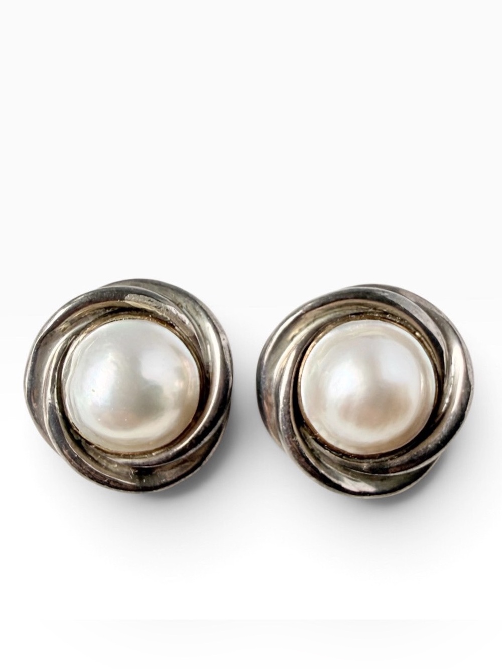 Vintage Sterling Silver 14K Gold Bezel Mabe Pearl Love Knot Clip On Earrings
